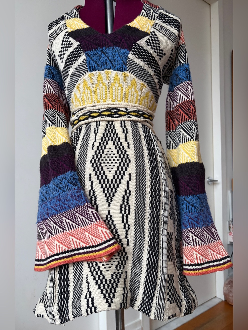 Free People Multicolor Patterned Knit Long-Sleeve Dress w/ Flared Sleeves XS